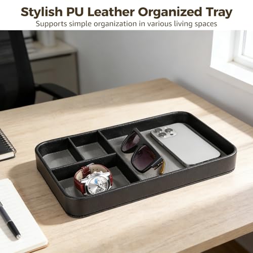 4-Compartment PU Leather Tray, Divided Catchall Organizer for Desk and Entryway, Stylish PU Leather Valet Tray, Multifunctional Storage Organizer for Phone Key Watch Wallet Jewelry