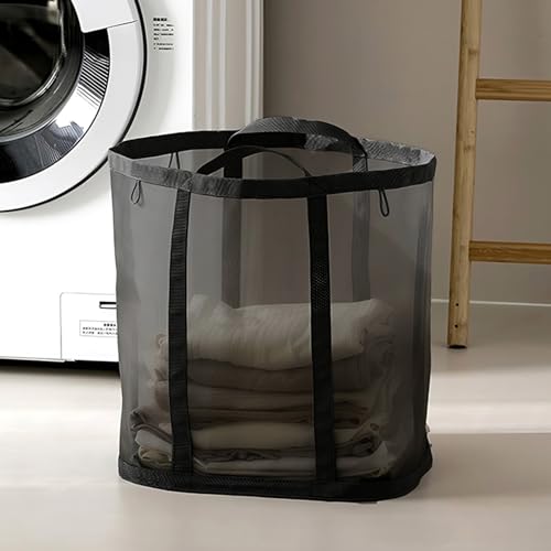 Mesh Bag with Handles, Collapsible Laundry Basket, Foldable Laundry Bag, Breathable Folding Beach Bag,Space-saving Travel Tote Bags (1, Black) - color: Black