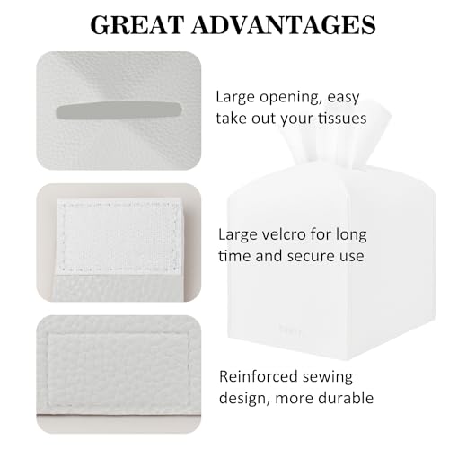 Tissue Box Cover Holder Square Tissue Cube Cover PU Leather Tissue Organizer with Bottom Belt for Bathroom, Tabletop, Car, Night Stands, Office, Home, Kitchen (2, White) - color: White