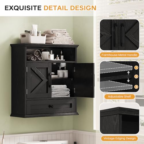 Bathroom Wall Cabinet, Wall Mounted Medicine Cabinet with Drawer, Barn Door & Adjustable Shelf, 24.4"H x 23.6"W x 9"D Black Over Toilet Farmhouse Storage Cabinet for Kitchen, Laundry, Entryway - color: Black, size: 24.4"H x 23.6"W x 9"D