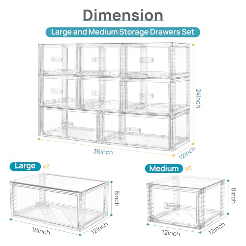 Vtopmart 8 Pack Large & Medium Stackable Drawer Organizer Set, 162QT Easy Assembly Clear Plastic Storage Cabinet, Durable Dresser for Closet, Bedroom, Entryway, Playroom & Apartment Organization - style: 2pk L & 6pk M