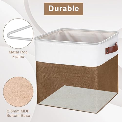 Bagnizer Collapsible Fabric Storage Cubes 11x11 Cube Storage Bins, 4 Pack Closet Baskets Box with Handles for Organizing, Shelf, Toys, Clothes, Home, Office, Nursery (Brown&White) - color: Brown / Off-White, size: Cube - 11"x11"x11"