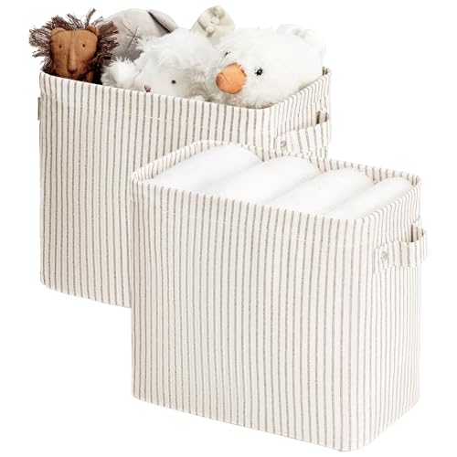 StorageWorks Narrow Storage Bins, Small Basket for Closet and Shelves, Rectangular Fabric Organizer with Handles, Toilet Paper Storage, Khaki and Beige Stripes, 2-Pack - color: Khaki and Beige Stripes, size: 10¾"L x 6 ½"W x 9¼"H