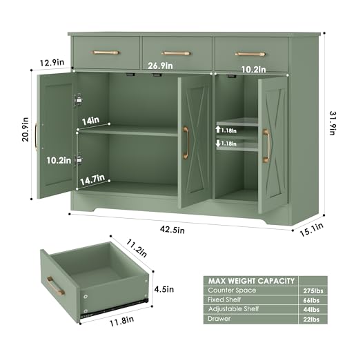 HOSTACK Modern Farmhouse Buffet Sideboard Cabinet, Barn Doors Storage Cabinet with Drawers and Shelves, Wood Coffee Bar with Storage for Dining Room, Kitchen, Living Room, Green - color: Green