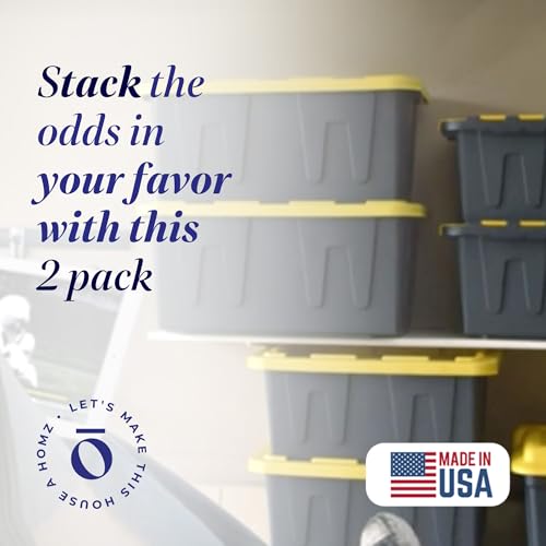 HOMZ 2-Pack Durabilt, Heavy Duty Plastic Storage Bins with Lids, 15 Gallon, Black/Yellow - Stackable Container Boxes for Home, Attic, and Garage Organization - color: Black Base/Yellow Lid, size: 15 Gallon (Pack of 2)
