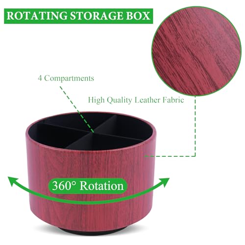 Round Leather Art Supply Organizer,Remote Control Holder,360 Degree Spinning,Multi-Functional Pencil Holder,4 Compartments Desktop Stationary Organizer(1-Thin Wood Red Brown) - color: 1-Thin Wood Red Brown