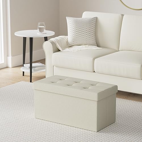 SONGMICS MAZIE Collection - 30 Inches Folding Storage Ottoman Bench, Ottoman Foot Rest, End of Bed Bench, Storage Chest, Load 660 lb, for Living Room, Bedroom, Entryway, Cream White ULSF47BE - color: Cream White, size: 15"D x 30"W x 15"H