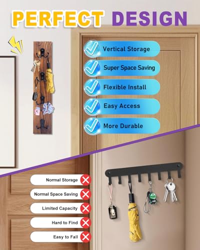 UCEC Vertical Key Holder Wall Mount with Hooks, Space-Saving Wooden Key Holder for Wall, Easy Install Home Organizer for Keys, Wallets, Pet Leashes – Perfect for Living Room Decor, Entry, Garage - color: Burnt Wood Finish