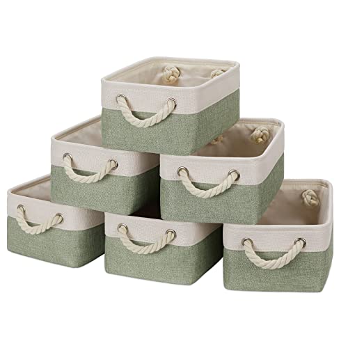 Temary Small Storage Baskets Small Fabric Bins for Closet, 6 Pack Decorative Storage Boxes with Rope Handles for Organizing Clothes, Canvas Storage Basket(White&Green,11.8L x 7.9W x 5.3H inches) - color: Green&white, size: 11.8L x 7.9W x 5.3H inches (6pcs