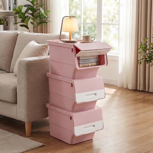 Giantex Plastic Stackable Storage Bins with Lids & Wheels, 3 Pack Open Front Stacking Bins, Organizer Bins for Pantry, Kitchen, Laundry, Closet, Playroom, Bedroom Organization (35 QT) - color: White + Pink, size: 3 Pack, 35 QT