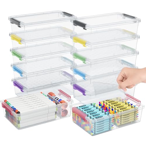 12 Pack Extra Large Pencil Box with Removable Divider, Thickened Pencil Case Bulk, Clear Crayon Marker Organizer Stackable Plastic Small Storage Containers for Pen Craft School Supplies, Multi - size: Multicolor-12 Pack