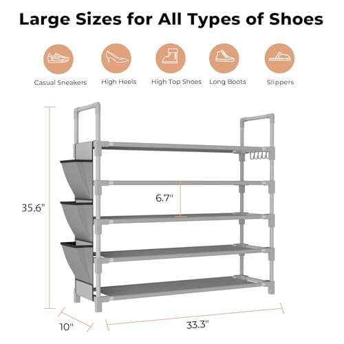 5 Tier Shoe Rack, Shoe Organizer Storage for 20-25 Pair Boot and Sneaker, Stackable Free Standing Shoe Shelf with Hooks and Side Pocket, Space Saving Shoes Rack for Closet, Entryway, Grey - color: Grey, size: 33.3"W - 5 Tier