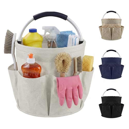 Cleaning Caddy with Handle and 6 Pockets, 17L Cleaning Supplies Organizer, 600D Oxford Fabric Storage Basket, Multifunctional Bucket Bag for Picnics, Camping, Gardening, Bathing (Off-White) - color: Off-white