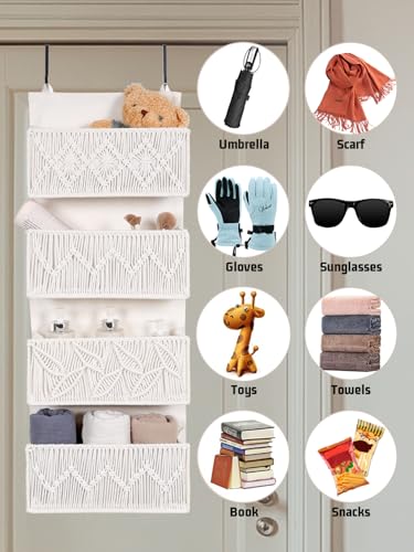 Macrame Over the Door Organizer Boho Decor Nursery Storage, Leaf Weaving Closet Organizers and Storage，with 4 Hanging Pockets, Behind Door for Bathroom, Bedroom - color: Beige