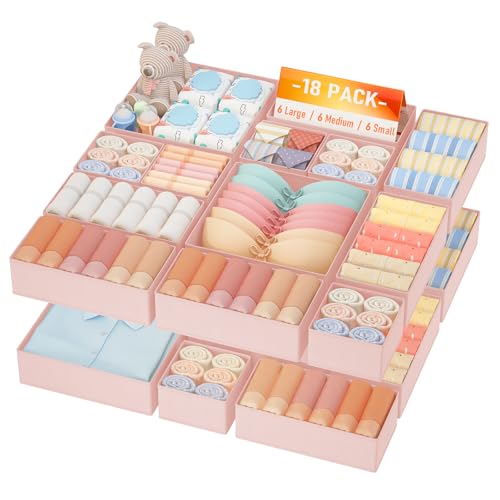 DIMJ Drawer Organizer Clothes Storage- 18 Pack Baby Dresser Organizer for Nursery, Foldable Closet Drawer Organizer Bins for Bedroom Organization, Fabric Storage Dividers for Socks, Underwears, Bras - color: Pink, size: 18 Pack
