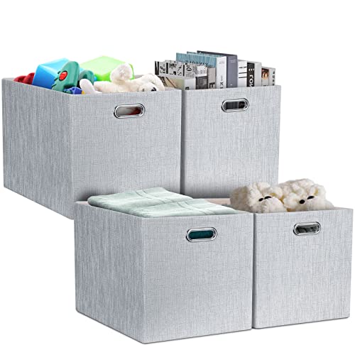 Posprica 13x15x13in Collapsible Storage Bins, Fabric Foldable Cube Storage Boxes, Decorative Storage Baskets Organizer for IKEA Kallax, Shelves, Closet, Clothes, Toy, Set of 4-Grey - color: Grey