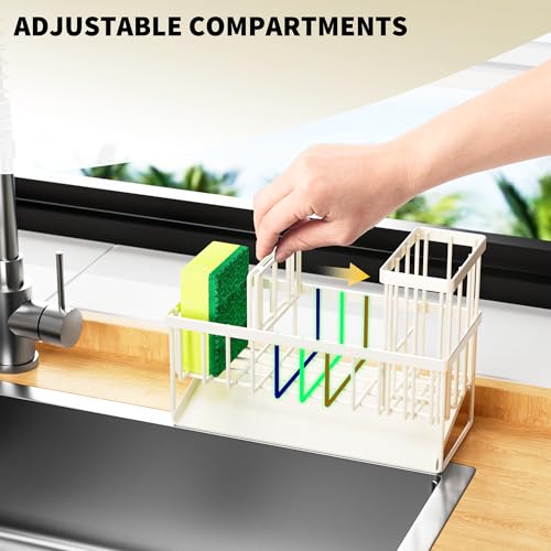 Cisily Off White Sponge Holder for Kitchen Sink, Sink Caddy Organizer with High Brush Holder, Kitchen Countertop Rustproof 304 Stainless Steel, Soap Dispenser Kitchen Organizers and Storage Essentials - color: Off White, size: 9.25″