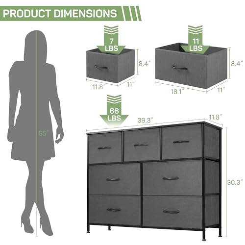 Dresser for Bedroom, 7 Storage Drawers, Anti-Tip Wide Fabric Closet Chests Organizer Tower Furniture, TV Stand for TV up to 45 inch with Wooden Top Metal Frame for Clothes, Living Room - color: Grey, size: 11.8"D x 39.3"W x 30.3"H (7 Drawers)