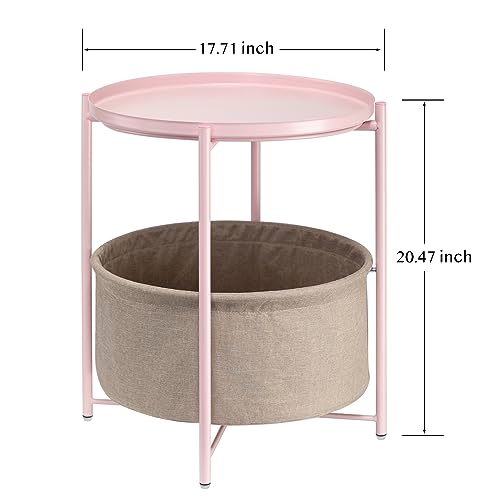 danpinera Round Side Table with Fabric Storage Basket, Metal Side Table Small Bedside Nightstand with Removable Tray Top for Living Room, Bedroom, Nursery, Laundry, Light Pink - color: Light Pink