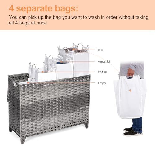 Laundry Hamper with 4 Removable Liner Bags; 176L Handwoven Rattan Laundry Basket with Lid & Heightened Feet; Clothes Hamper with Side Handles - color: Gray, size: 176L-4 Section