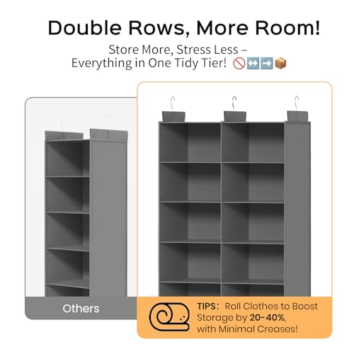 ALLTIDYUP Grey 5-Tier Hanging Closet Storage Organizer - Space-Saving Dual-Row Foldable Shelves with 3 Hooks, Wardrobe Organizer for Dorm, Bedroom, Clothes and Accessories - color: Grey, size: 5 Tier