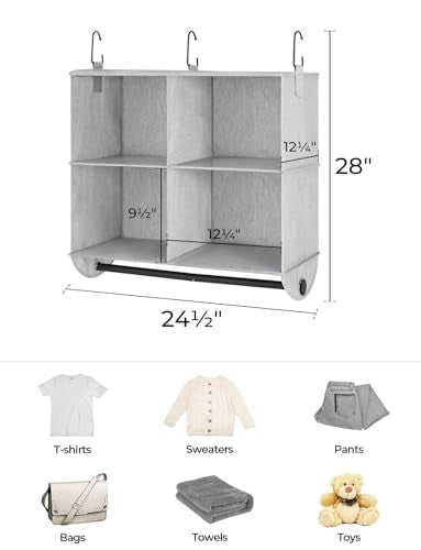 StorageWorks Hanging Closet Organizer with Metal Rod, 4-Section Closet Organizers and Storage, Collapsible Hanging Shelves for Closet, Bedroom, Kids Dorm Room, RV Camper, Gray and White - color: Grey & White, size: 12¼"D x 24½"W x 28"H
