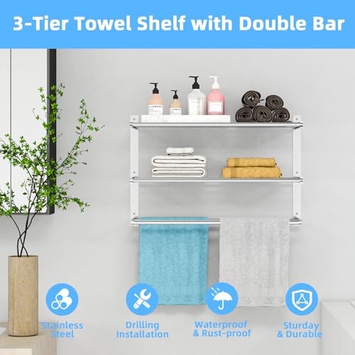 Bathroom Towel Rack 24", 3 Tier Towel Racks for Bathroom Wall Mounted, Bathroom Shelf with Double Towel Bar, Stainless Steel Towel Storage for Bathroom Lavatory Towel Holder Hanger, Brushed Nickel - color: Brushed Nickel, size: 3-Tier