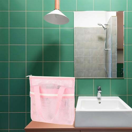Fammart Mesh Shower Caddy Portable with Zipper & 2 Pockets - Quick Dry Shower Caddy Hanging for Travel Gym Camp Beach - Organizer Bag Bathroom Essentials for College Dorm - color: Small, Zipper Closure - Pink