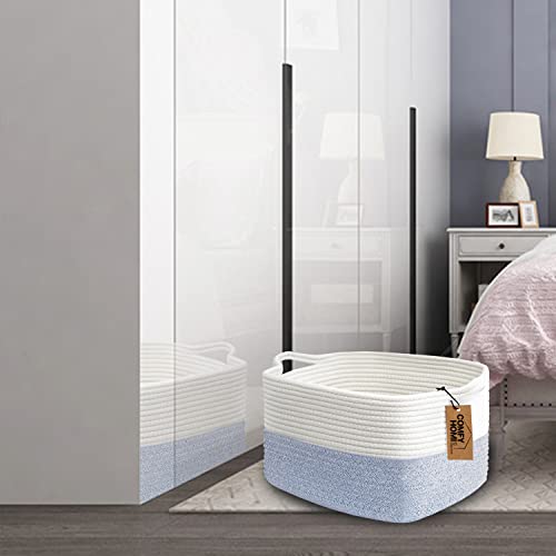 COMFY-HOMI Cotton Rope Woven Basket with Handles for shelf，Toy, Book, Cloth Storage Basket for Organizing-13.5"X11"X9.5" Storage Bin for Living Room, Newborn or Infant Gift for boy girl （White/blue） - color: white/blue, size: 13.5"X11"X9.5"