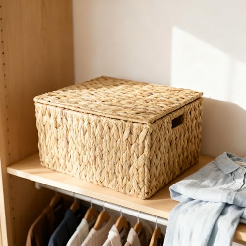 Wicker Storage Baskets With Lid,Set of 3 Rectangular Rattan Basket Decorative Boxes with Handles,Large Storage Box Hyacinth Wicker Baskets For Shelf Organizer, Nursery Room,Bathroom,Living Room