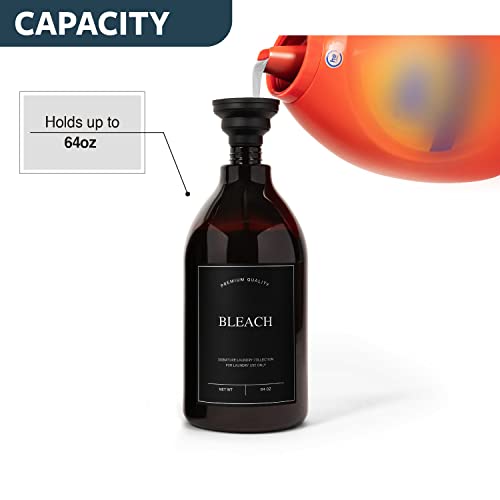 Calindiana Modern Farmhouse Bleach Liquid Laundry Detergent Dispenser for Laundry Room Decor and Organization, PET Plastic Landry Soap Containers with Water Resistant Label, Amber 64oz - color: Amber Bottle/Black Label, style: BLEACH