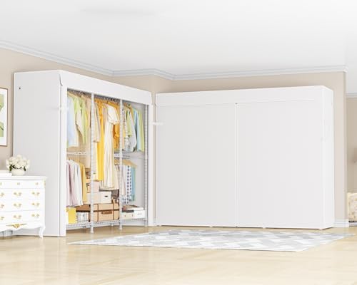 ULIFHOME E14C Pro Heavy Duty Closet Organizer System，Freestanding Clothing Racks for Hanging Clothes，Adjustable Garment Rack 70.1"W × 16.6"D × 76.4"H Hold 960 lbs，White Rack with White Dustproof Cover - color: White Rack With White Cover