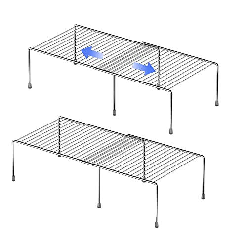 Redrubbit Cabinet Storage Shelf Rack, 4 Piece Expandable Metal Rustproof Kitchen Counter and Cabinet Shelf, Storage Rack Organizer Space Saver for Kitchen, Fridge, Cabinet, Bathroom, Chrome, Set of 2 - color: Chrome