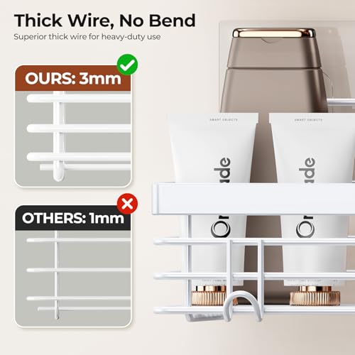 Orimade Shower Caddy with 5 Hooks for Hanging Razor and Sponge Adhesive Shower Shelf Basket Bathroom Storage Organizer Kitchen Rack No Drilling Stainless Steel Rustproof - 2 Pack,White - color: White