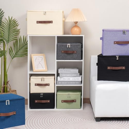 Storage Bins with Zipper Lid Foldable Fabric Lidded Storage Boxes Baskets Cubes Washable Collapsible PU Leather Handle Cotton Linen Shelves Closet Organizer Container(Purple, Small Size) - color: Purple, size: Small ( Set of 1 )