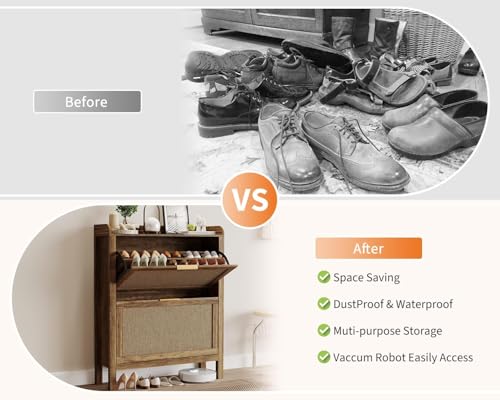 Garvee Farmhouse Rattan Shoe Cabinet, 32 Inch Narrow Shoe Storage with 2 Flip-Down Drawers, Freestanding Entryway Organizer with Adjustable Shelves, Brown - size: 2 doors