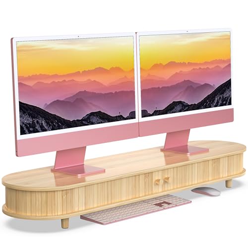 Bamboo Dual Monitor Stand with Storage, Curved Double Computer Laptop Stand Desk Shelf Organizer with Sliding Doors (42 inch) - size: 42 inch
