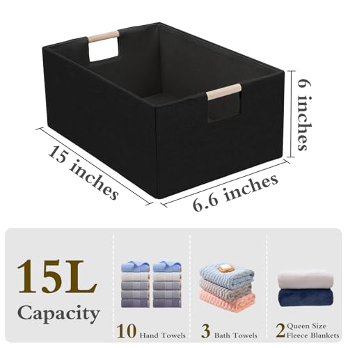 Foldable Fabric Storage Baskets Set of 2 for Shelves, Linen Decorative Storage Bins with Wooden Handles, Small Organizer Cubes for Closet, Rectangle Canvas Boxes for Organizing, Decor (Black 2 Pack) - color: Black 2 Pack