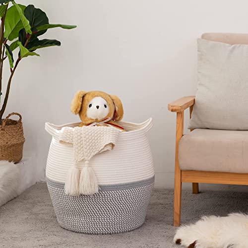 KAKAMAY Woven Baskets for Storage(17"x17"),Large Cotton Rope Woven Baby Laundry Hamper,Collapsible Laundry Basket, Blanket Basket for Organizing Living Room,Nursery,Pillows,Toy Chest(Grey) - color: Grey