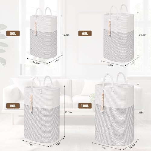 Woven Laundry Basket for Clothes, 50 L Large Rectangle Laundry Hampers with Beads Tassel, Nursery Storage Basket for Toys, Tall Dirty Clothes Hamper for Bedroom Aesthetic, Laundry Room Organization - color: White, size: 50L