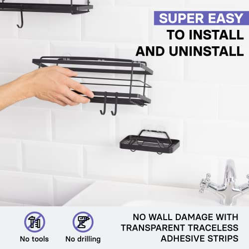 KINCMAX Premium Shower Caddy with Soap Holder, 2-Pack Adhesive Shower Organizer, No Drill Bathroom Shelves, Rustproof Stainless Steel Shelves for Inside, Shower Storage Rack, Matte Black - color: Matte Black + Soap Holder