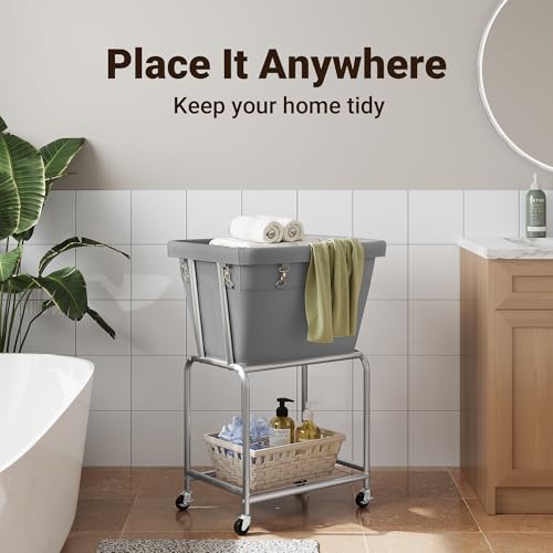 ELYKEN Rolling Laundry Hamper with Wheels, Laundry Cart with Removable Bag, Heavy Duty Metal Frame, 2-Tier Clothes Basket Hamper with Shelf for Closet, Bedroom, Bathroom, Laundry Room, Gray - color: Gray, size: 20.3"l X 15.9"w X 30.9"h