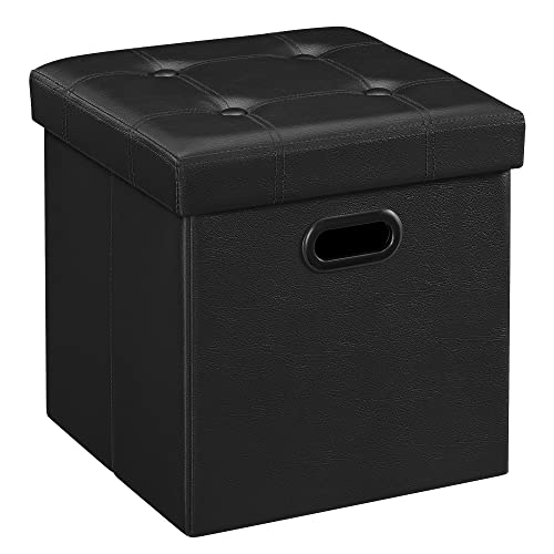 SONGMICS Mazie Collection - 15 Inches Ottoman with Storage, Footstool, Storage Ottoman with Metal Grommet Handles, Load 660 lb, for Dorm, Living Room, Bedroom, Synthetic Leather, Black ULSF30B - color: Black, size: 15"D x 15"W x 15"H