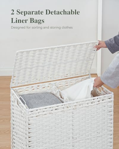 SETVSON Laundry Hamper with Lid,112 L Handwoven Rattan Wicker Laundry Basket, 2 Removable Liner Bags Metal Heightened Feet,6 Mesh Bags,2 Section Large Clothes Hamper for Bathroom Bedroom, Cloud White - color: Cloud White, size: 112 L - 29.6 gal