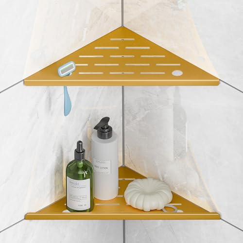 Shower Corner Shelf with Razor Hole,Modern Style Shower Caddy, Sturdy 304 Stainless Steel Shower Organizer,No Drilling Bathroom Corner Shelf for Tile Wall Gold 2 Pack-10 - color: 7-gold