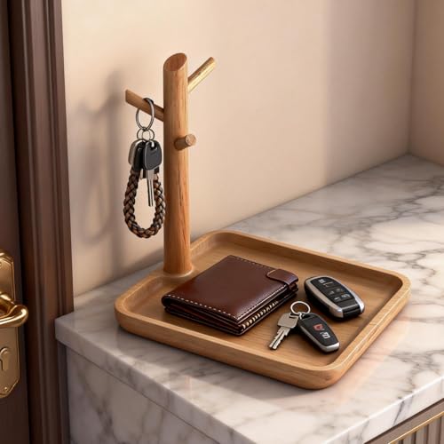 Acacia Wood Key Tray for Entryway Table, Wooden Catchall Organizer with Jewelry Storage Rack, Valet Tray for Keys Wallet Watches Sunglasses Rings(Square) - style: Square