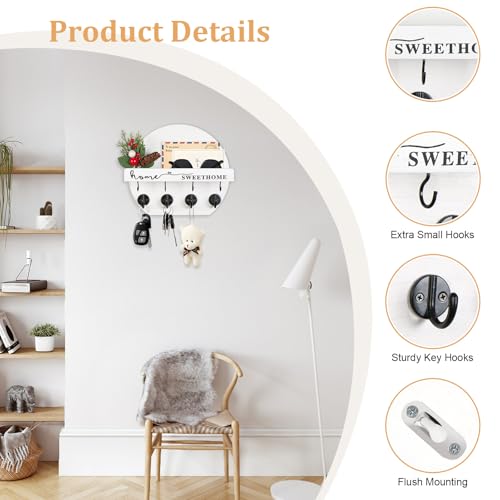 Key Holder for Wall, Key and Mail Holder Organizer - Key Holder Wall Mount with Bouquet Shelf and Key Hooks, Round Wooden Rustic Key Rack for Entryway and Home Decor (White&Black) - color: White&Black