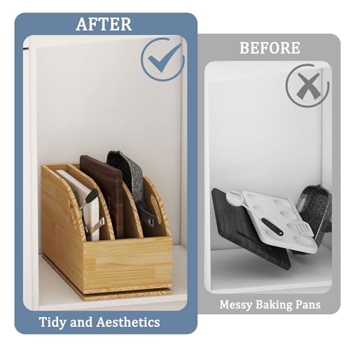 Pull Out Cookie Sheet Organizer for Cabinet, Wooden Cutting Board Organizer Rack with Vertical Tray Dividers, for Storage Pans, Baking Tray, 10.5''W X 21" D X 10.6" H
