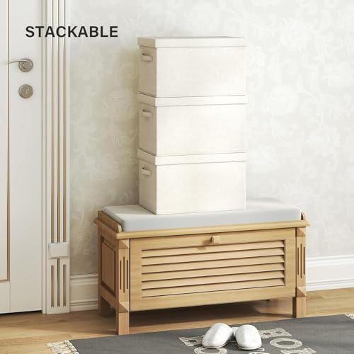Large Collapsible Fabric Storage Bins with Lids (2-Pack) - 17.5x12x11.5 Inch Cotton Linen Organizers, Foldable Closet & Bedroom Storage Baskets with Handles, Off-White - size: XL