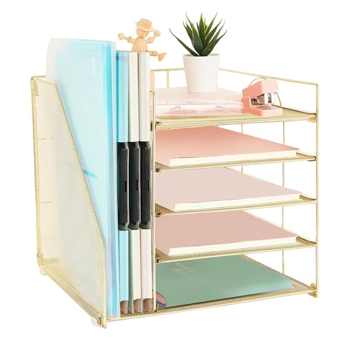 AUPSEN Desk Organizer with File Holder, 5 Trays Paper Letter Tray Organizer, Mesh Desk Organizers and Accessories for Home Office Supplies (Gold) - color: Gold 2